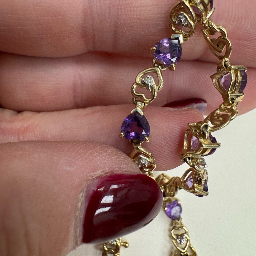 10K Yellow Gold Diamonds and Faceted Amethyst Hearts Bracelet 7.6g